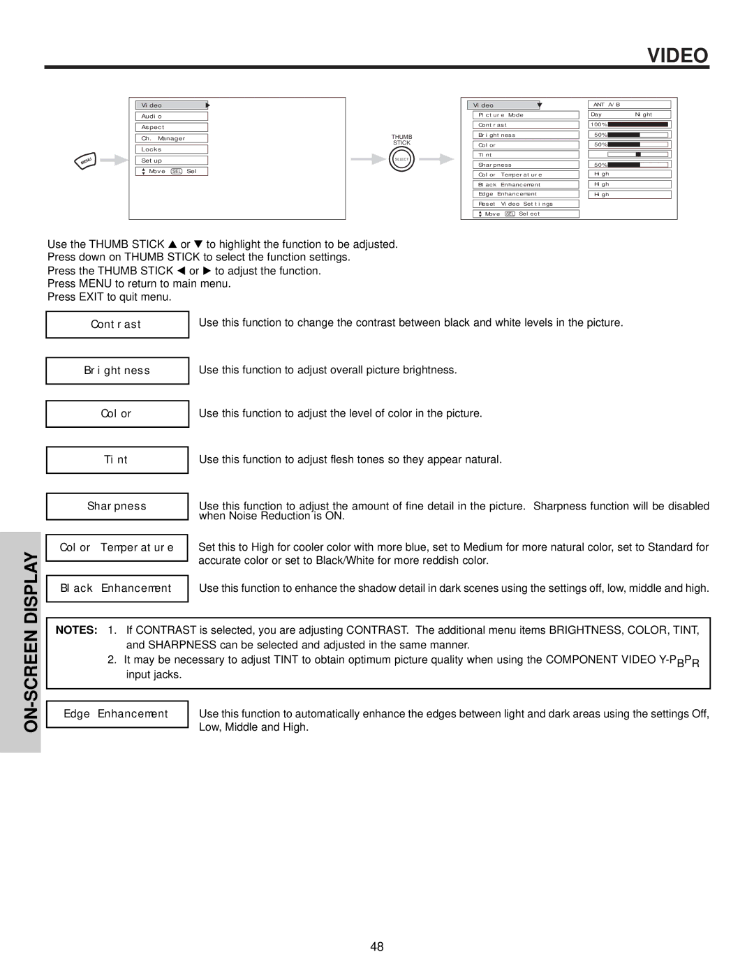 Hitachi 57T500A important safety instructions Contrast, Brightness Color Tint Sharpness, Black Enhancement 