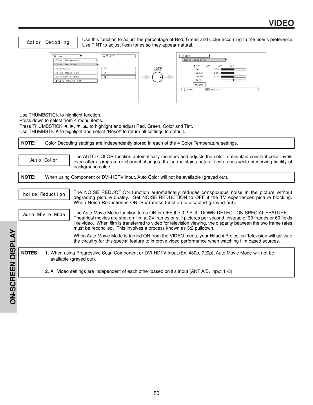 Hitachi 57T500A important safety instructions On-Screen, Color Decoding, Noise Reduction Auto Movie Mode 