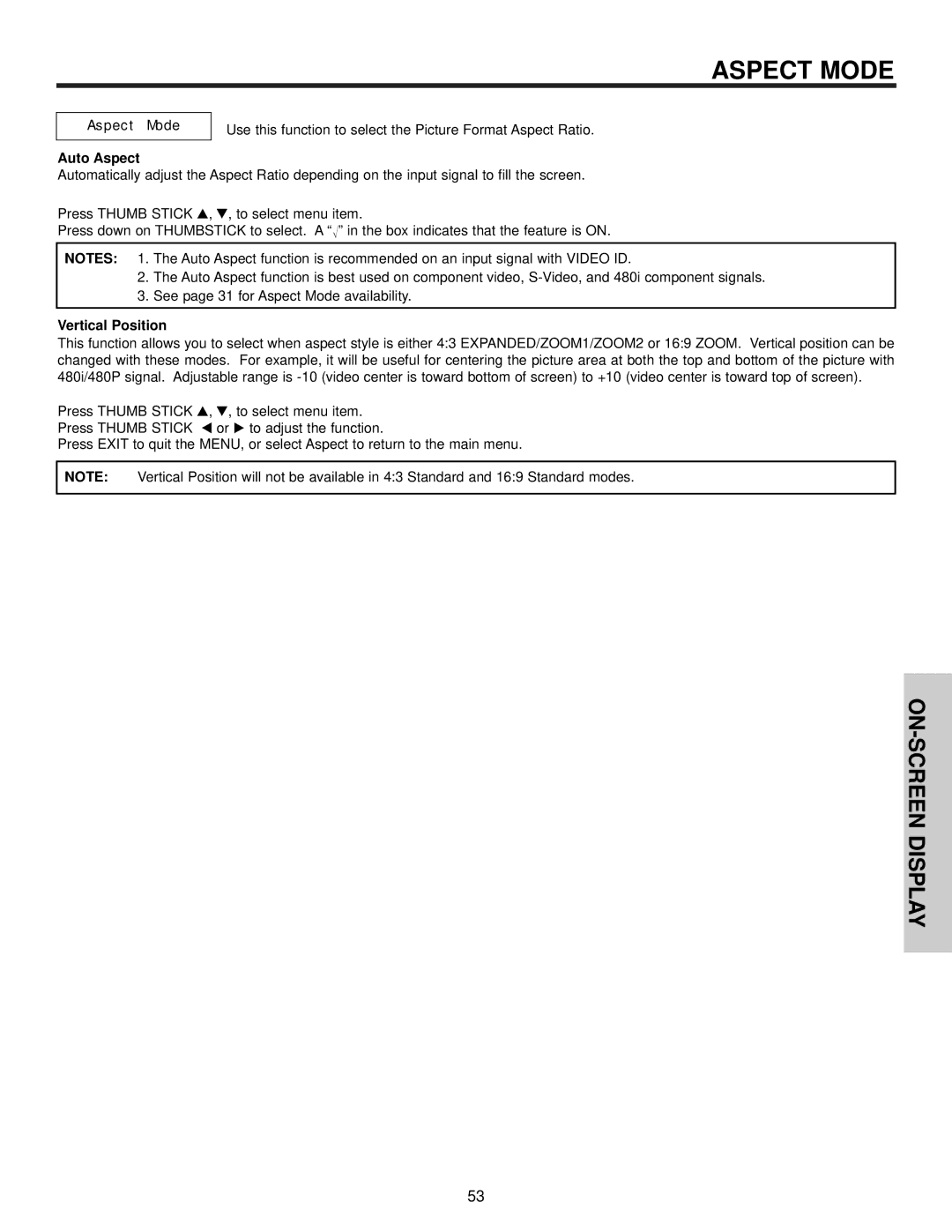 Hitachi 57T500A important safety instructions Aspect Mode, Auto Aspect, Vertical Position 