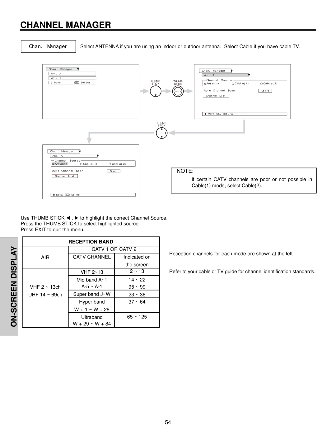 Hitachi 57T500A important safety instructions Channel Manager, Chan. Manager, Reception Band, Screen-On 