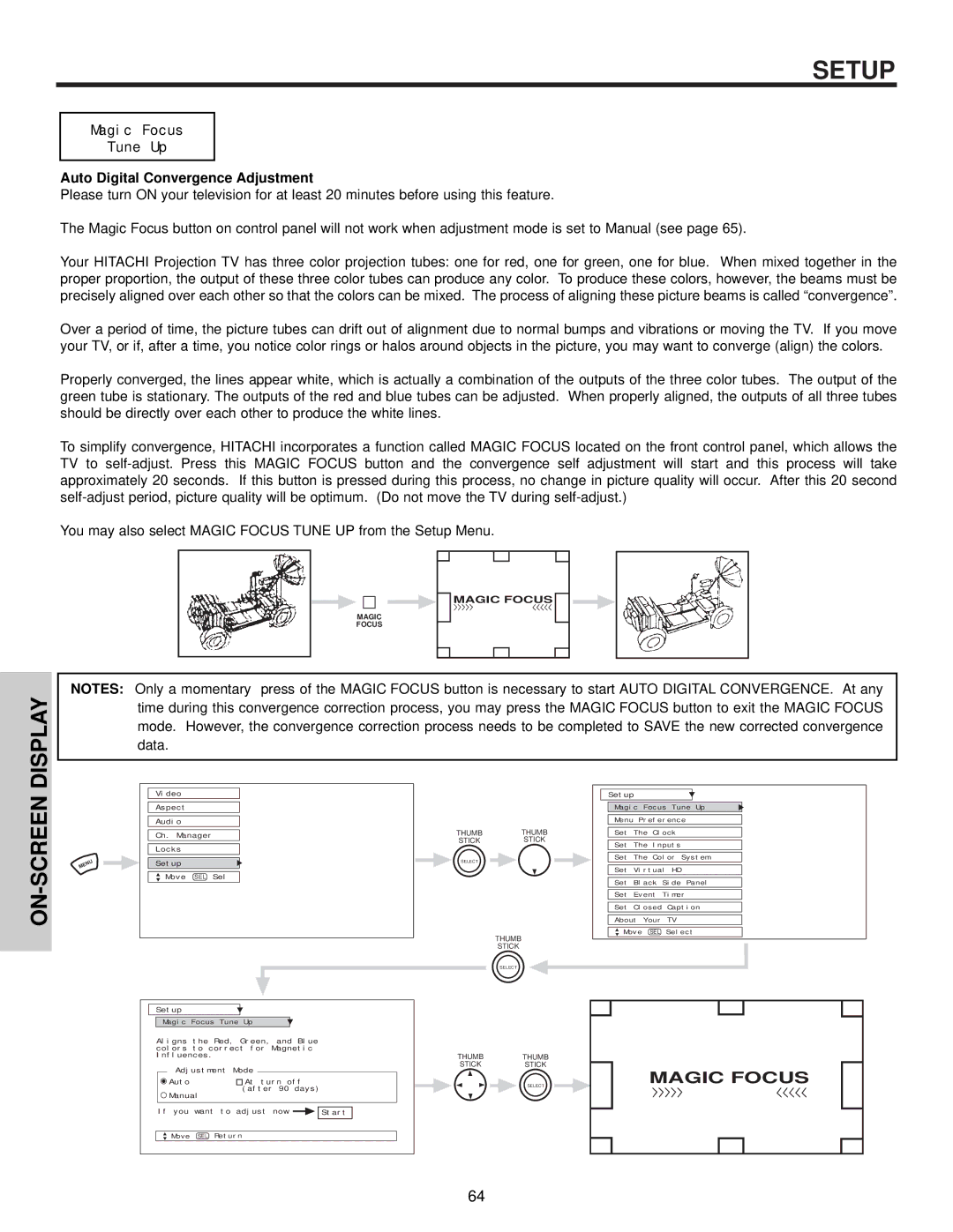 Hitachi 57T500A important safety instructions Display ON-SCREEN, Magic Focus Tune Up, Auto Digital Convergence Adjustment 