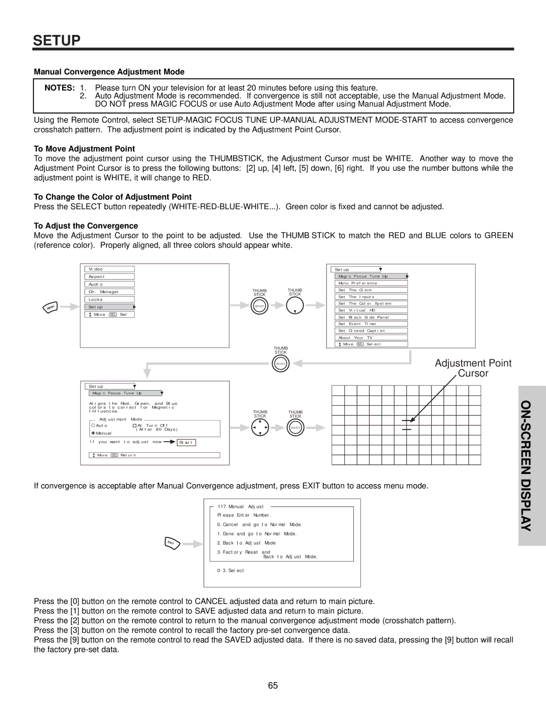 Hitachi 57T500A Manual Convergence Adjustment Mode, To Move Adjustment Point, To Change the Color of Adjustment Point 