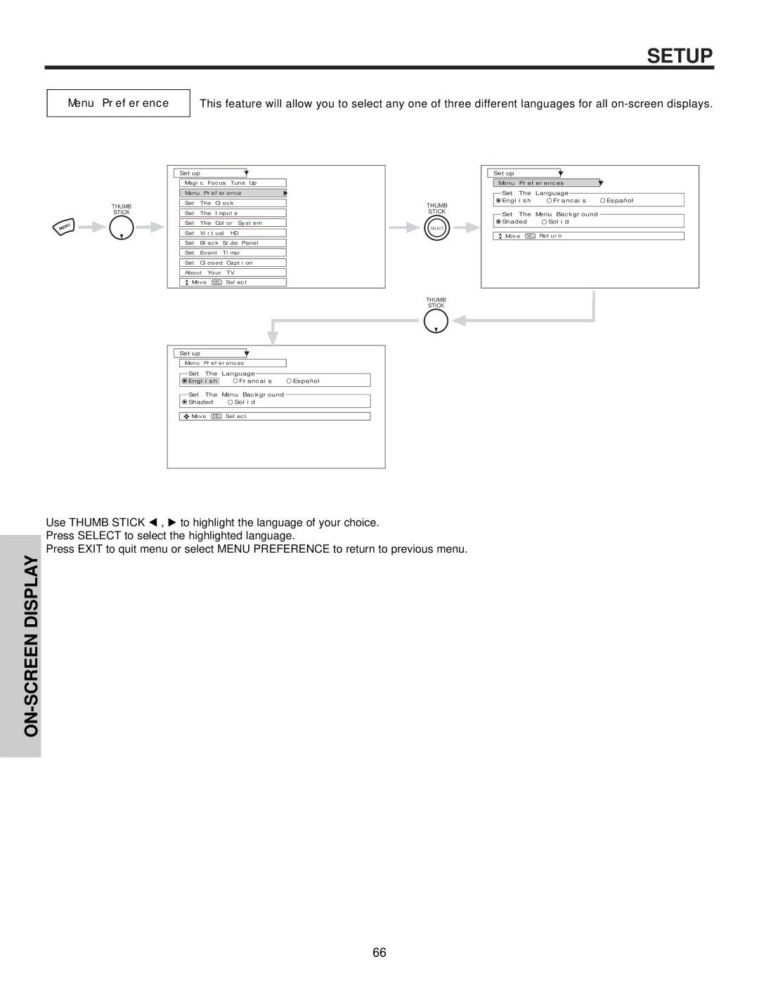 Hitachi 57T500A important safety instructions Menu Preference 