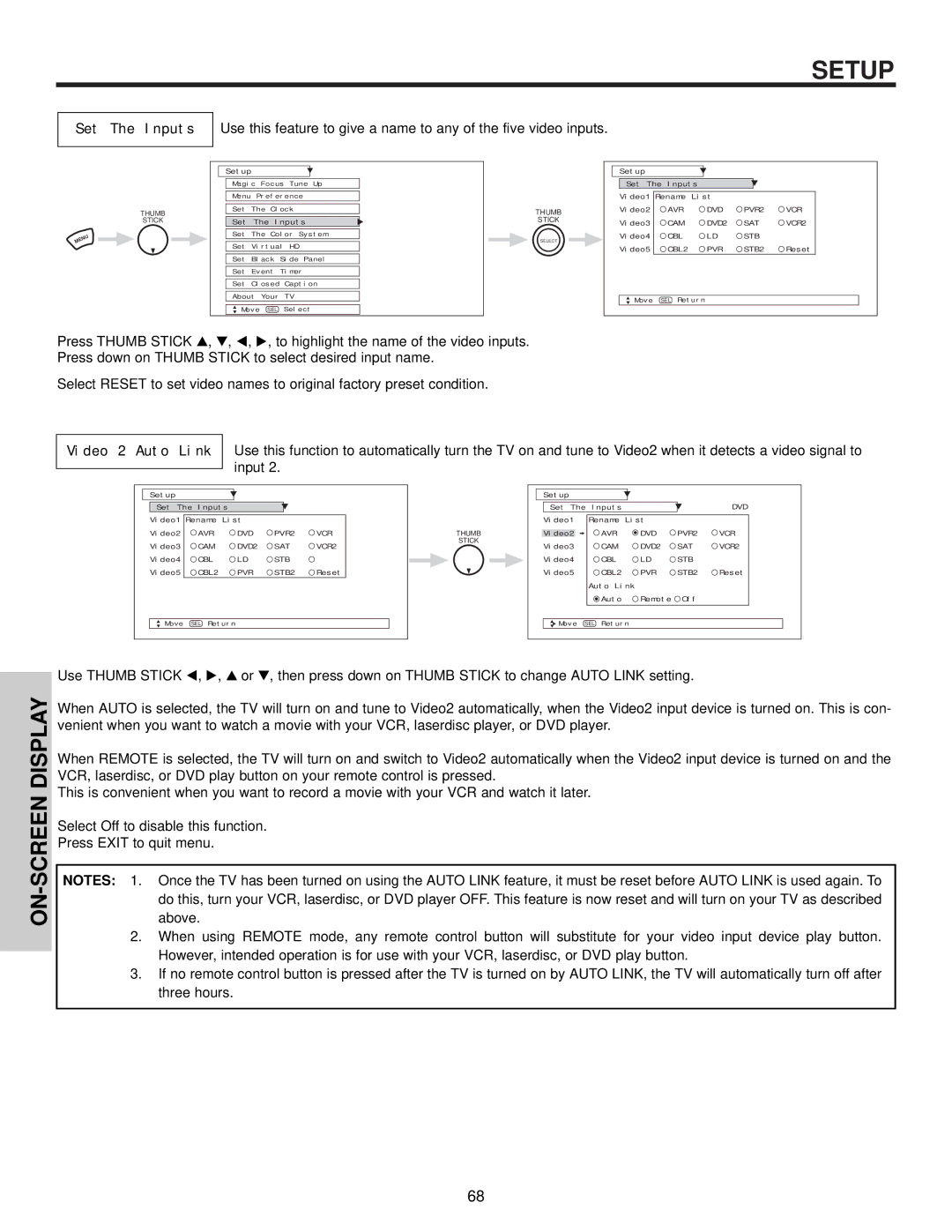 Hitachi 57T500A important safety instructions Set The Inputs, Video 2 Auto Link 