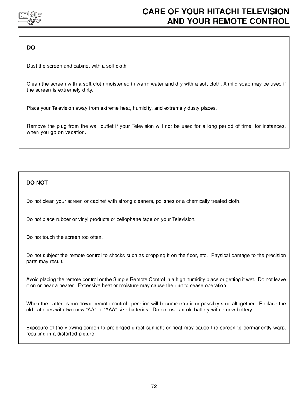 Hitachi 57T500A important safety instructions Care of Your Hitachi Television Your Remote Control, Do not 