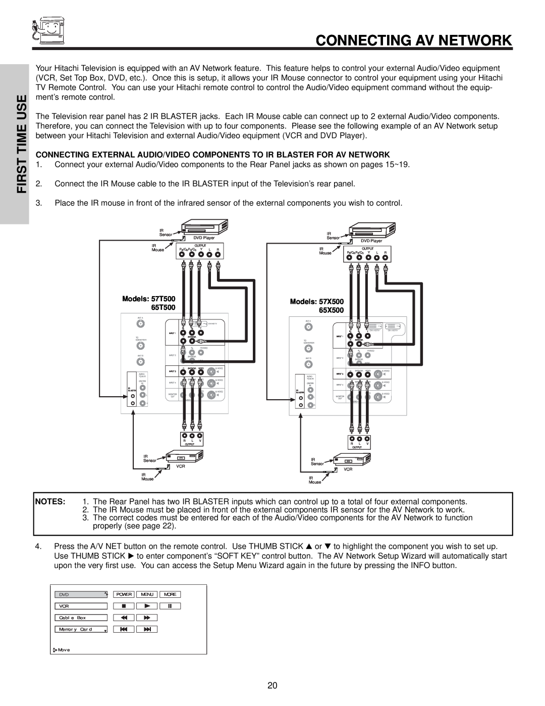 Hitachi 57T500A important safety instructions Connecting Av Network, First Time Use 