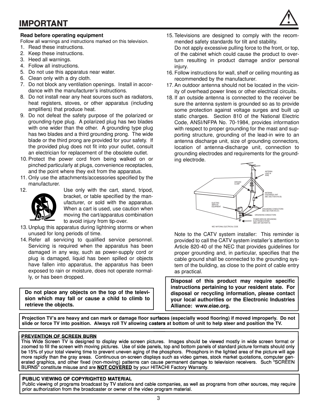 Hitachi 57T500A important safety instructions Read before operating equipment 
