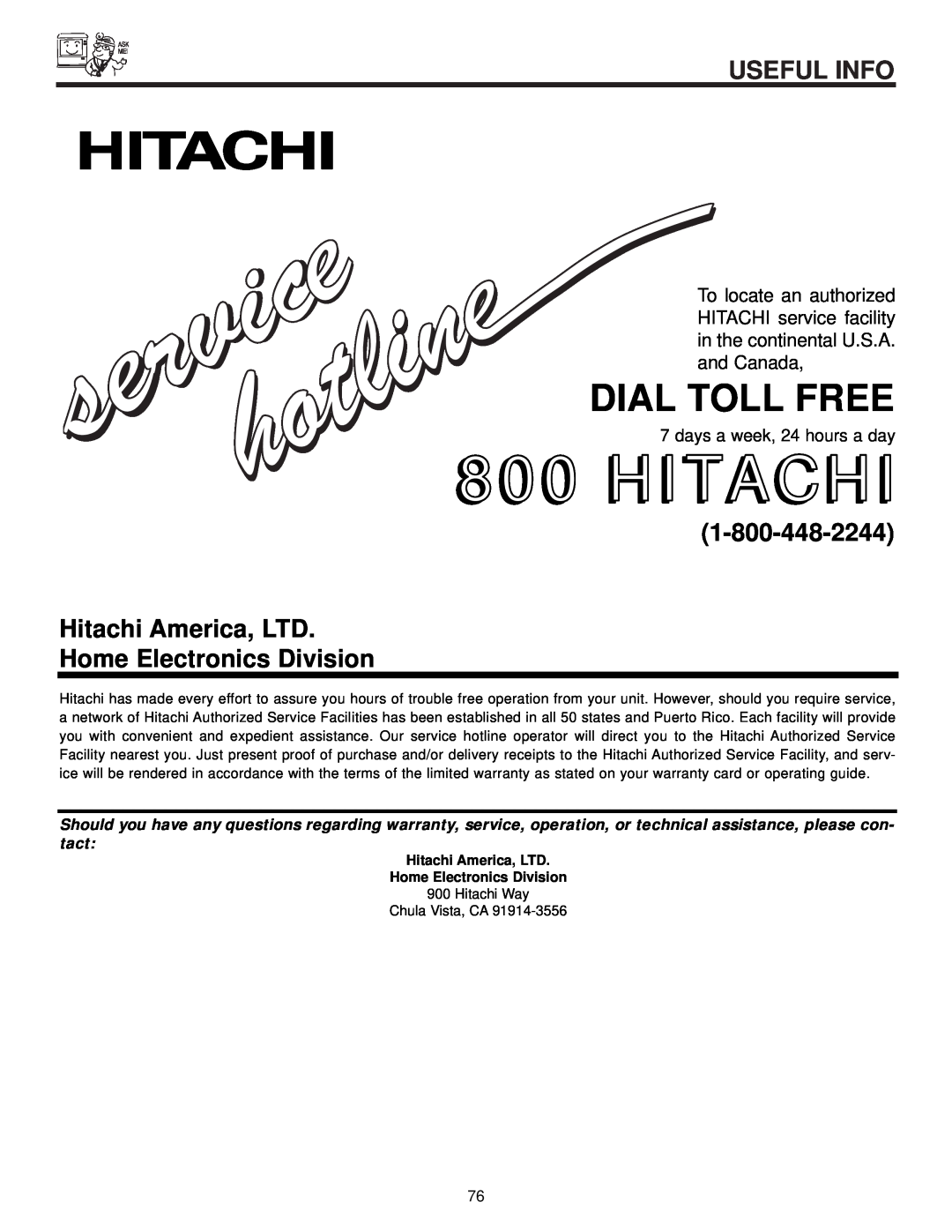 Hitachi 57T500A Home Electronics Division, Hitachi, Dial Toll Free, Useful Info, days a week, 24 hours a day 