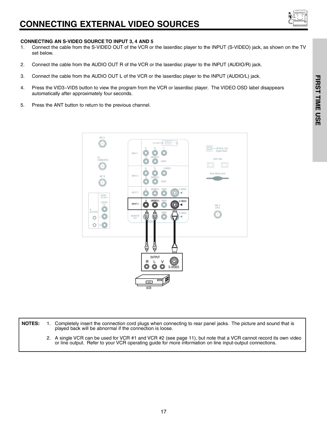 Hitachi 57T600 important safety instructions Connecting AN S-VIDEO Source to Input 3, 4 