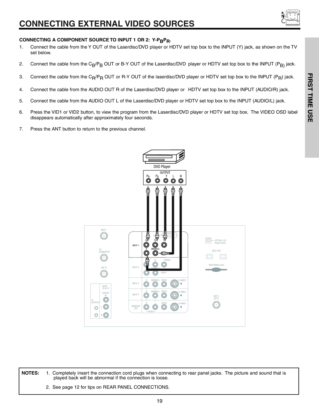 Hitachi 57T600 important safety instructions Connecting a Component Source to Input 1 or 2 Y-PBPR, DVD Player 