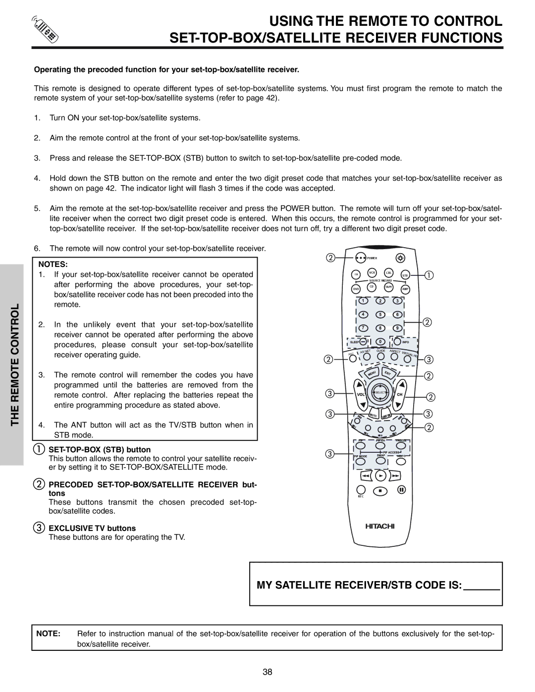 Hitachi 57T600 important safety instructions SET-TOP-BOX STB button, Precoded SET-TOP-BOX/SATELLITE Receiver but- tons 