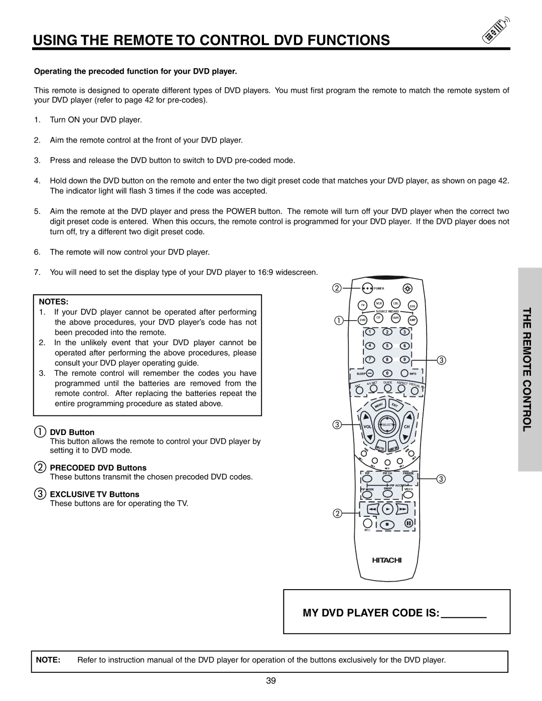 Hitachi 57T600 Using the Remote to Control DVD Functions, Operating the precoded function for your DVD player 