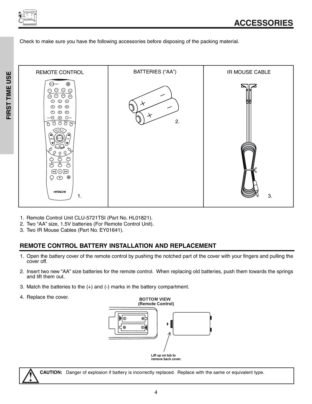 Hitachi 57T600 important safety instructions Accessories, First Time USE 