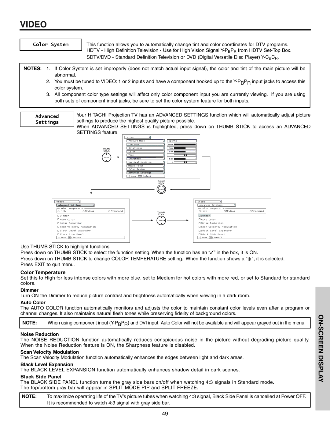 Hitachi 57T600 important safety instructions Advanced, Settings 