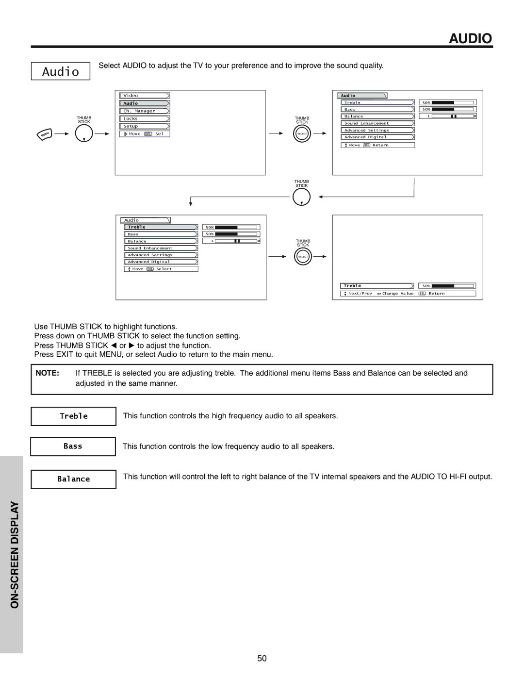 Hitachi 57T600 important safety instructions Audio, Treble Bass Balance 