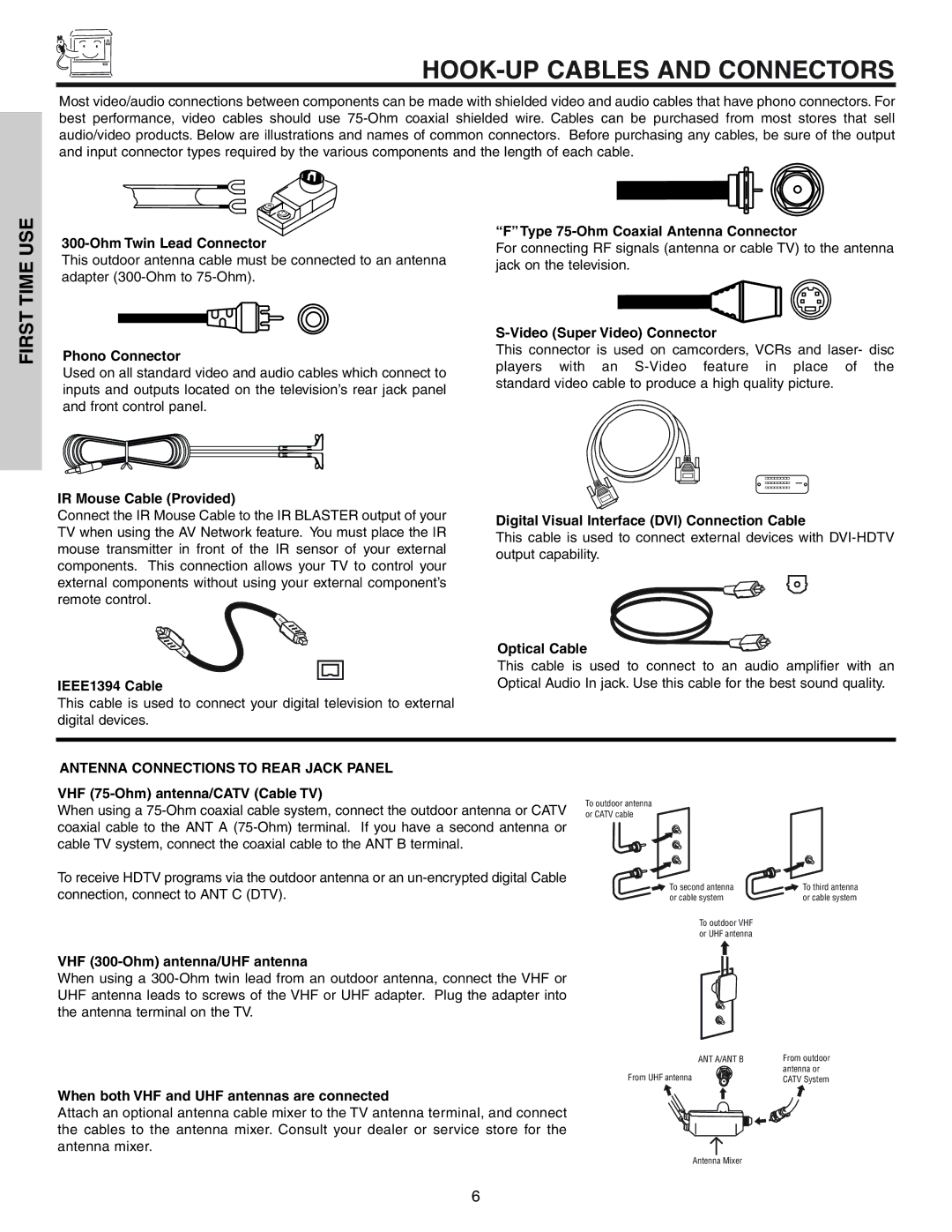 Hitachi 57T600 important safety instructions HOOK-UP Cables and Connectors, Antenna Connections to Rear Jack Panel 