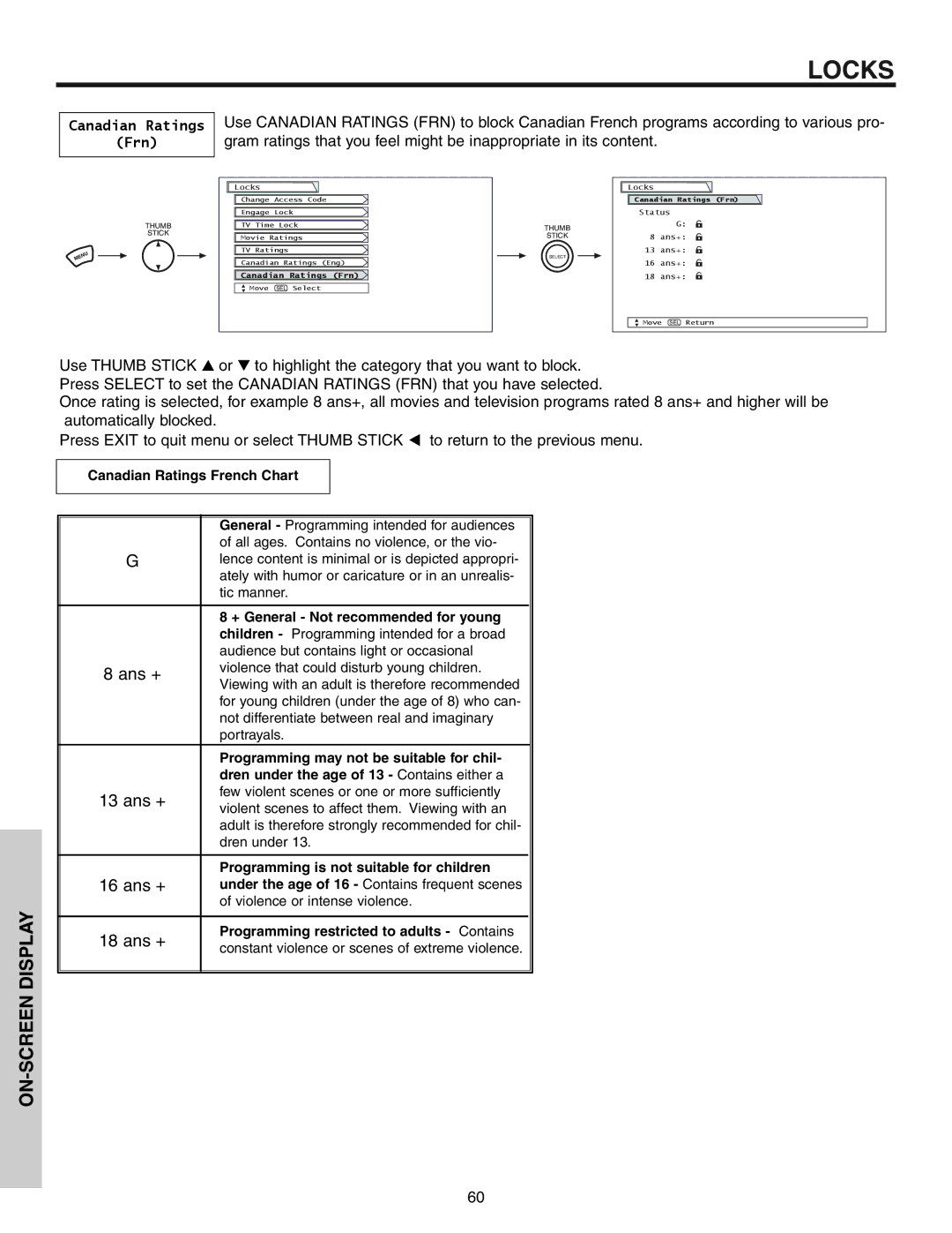 Hitachi 57T600 Canadian Ratings French Chart, Programming is not suitable for children, Canadian Ratings Frn 