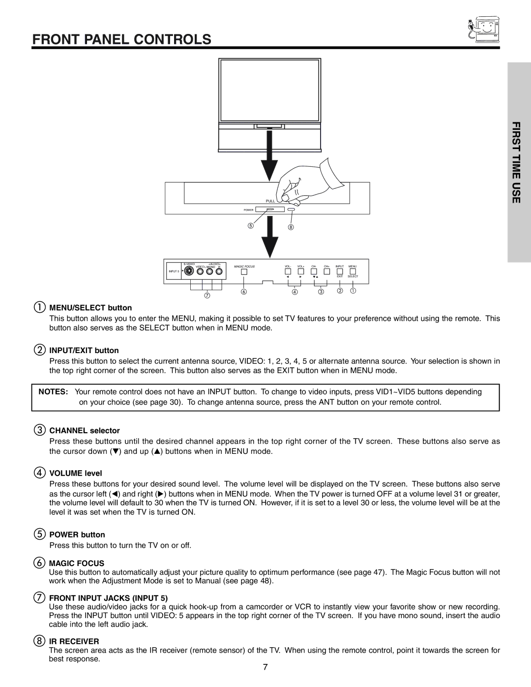 Hitachi 57T600 important safety instructions Front Panel Controls, Magic Focus, Front Input Jacks Input, IR Receiver 