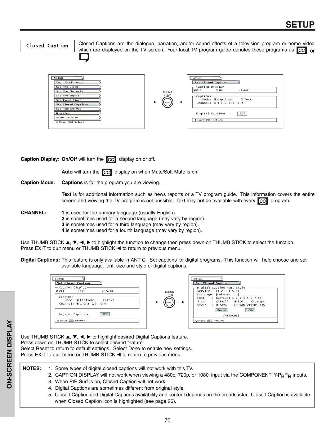 Hitachi 57T600 important safety instructions Caption Mode, Channel, Set Closed Caption 