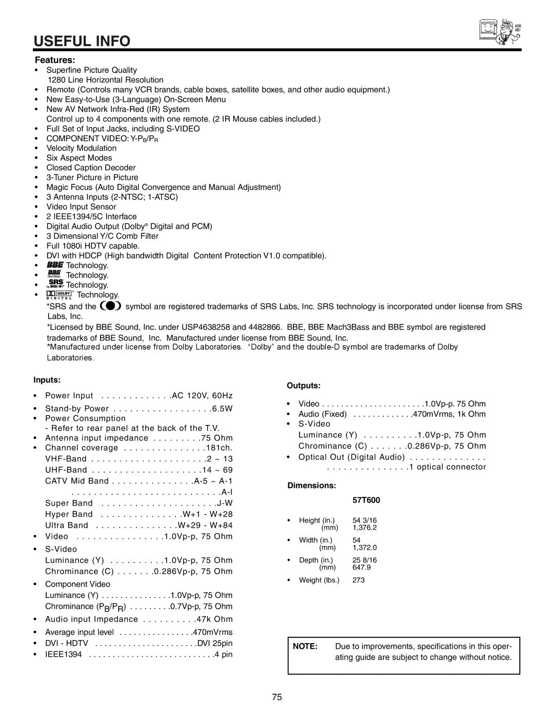 Hitachi important safety instructions Inputs, Outputs, Dimensions 57T600 