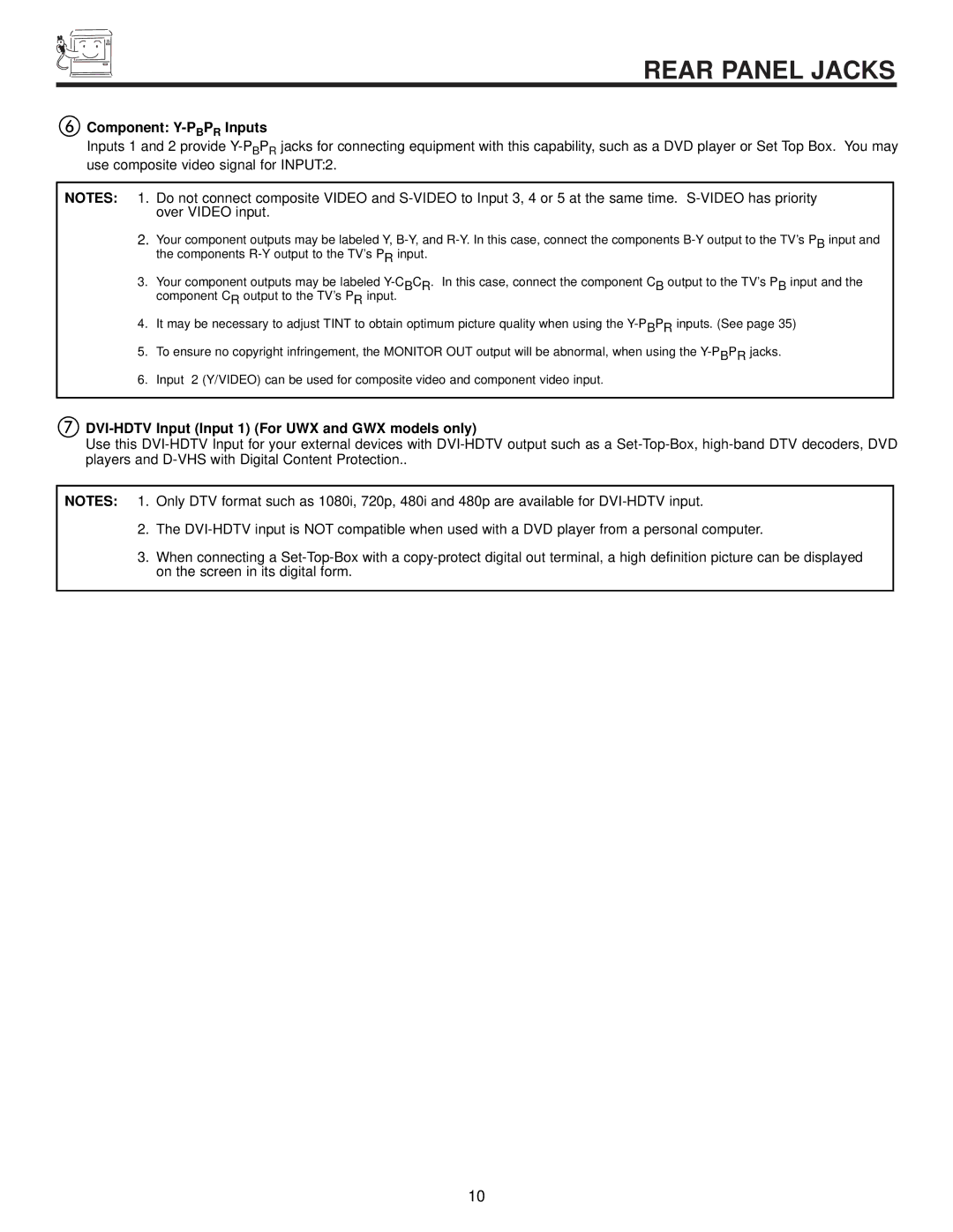 Hitachi 57UWX20B important safety instructions Component Y-PBPRInputs, DVI-HDTV Input Input 1 For UWX and GWX models only 