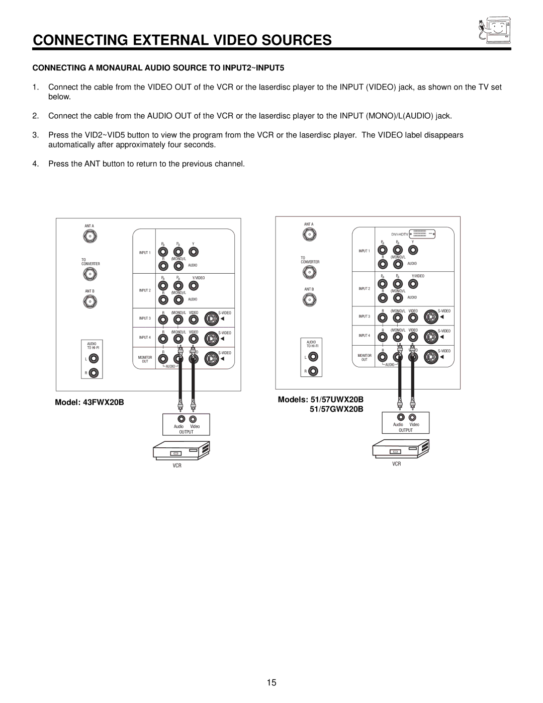 Hitachi 57UWX20B important safety instructions Connecting a Monaural Audio Source to INPUT2~INPUT5 