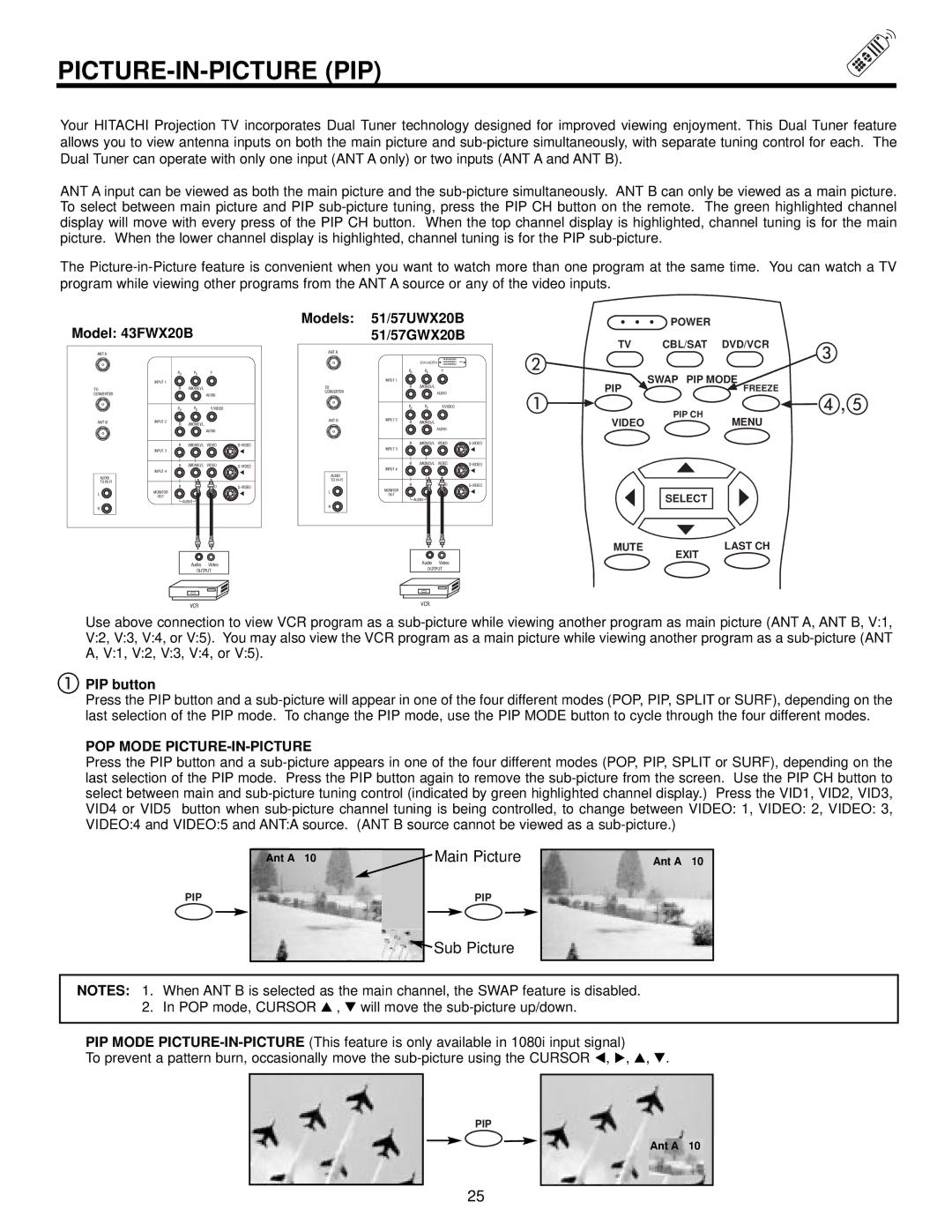 Hitachi 57UWX20B important safety instructions Picture-In-Picture Pip, PIP button, POP Mode PICTURE-IN-PICTURE 