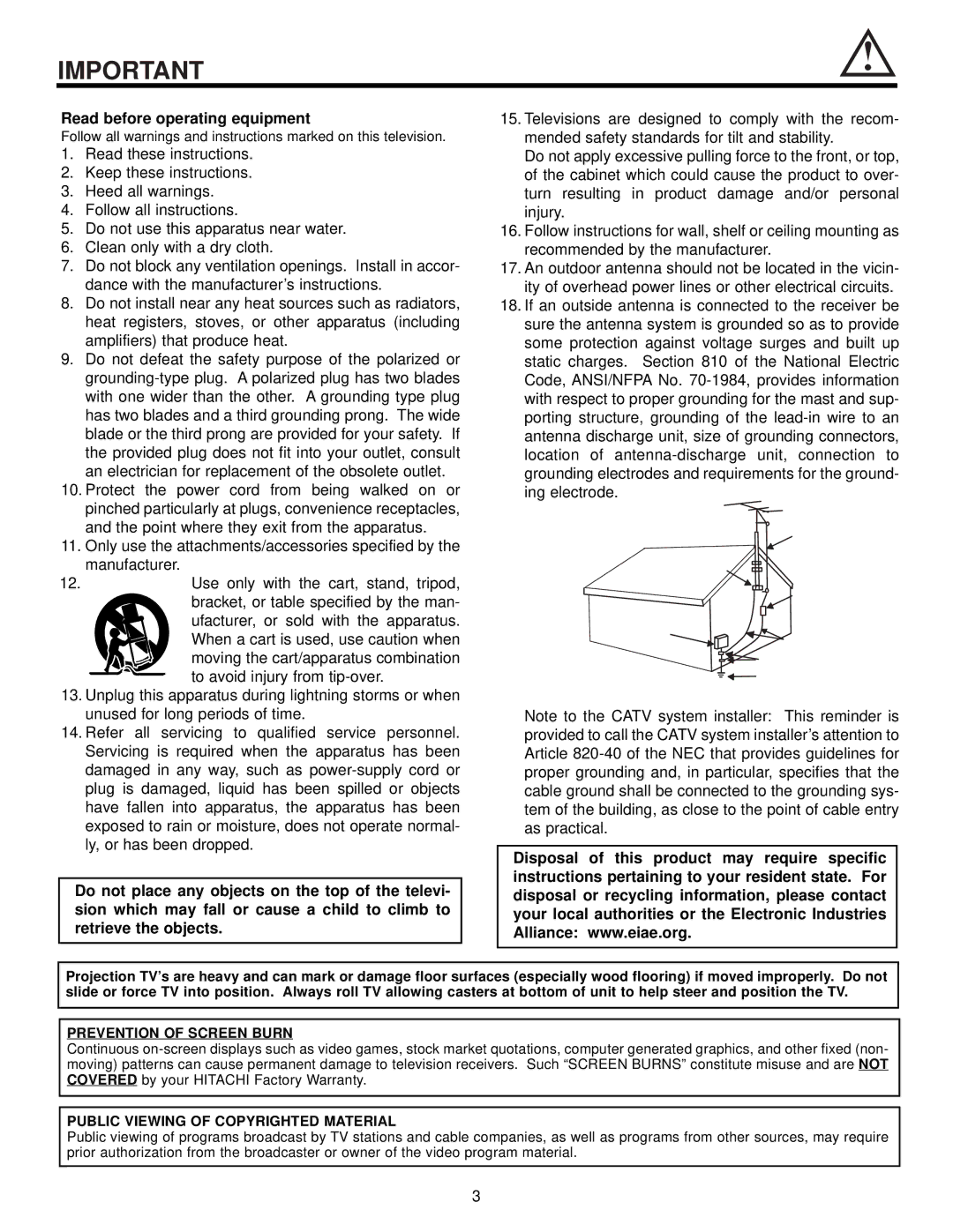 Hitachi 57UWX20B important safety instructions Prevention of Screen Burn, Public Viewing of Copyrighted Material 