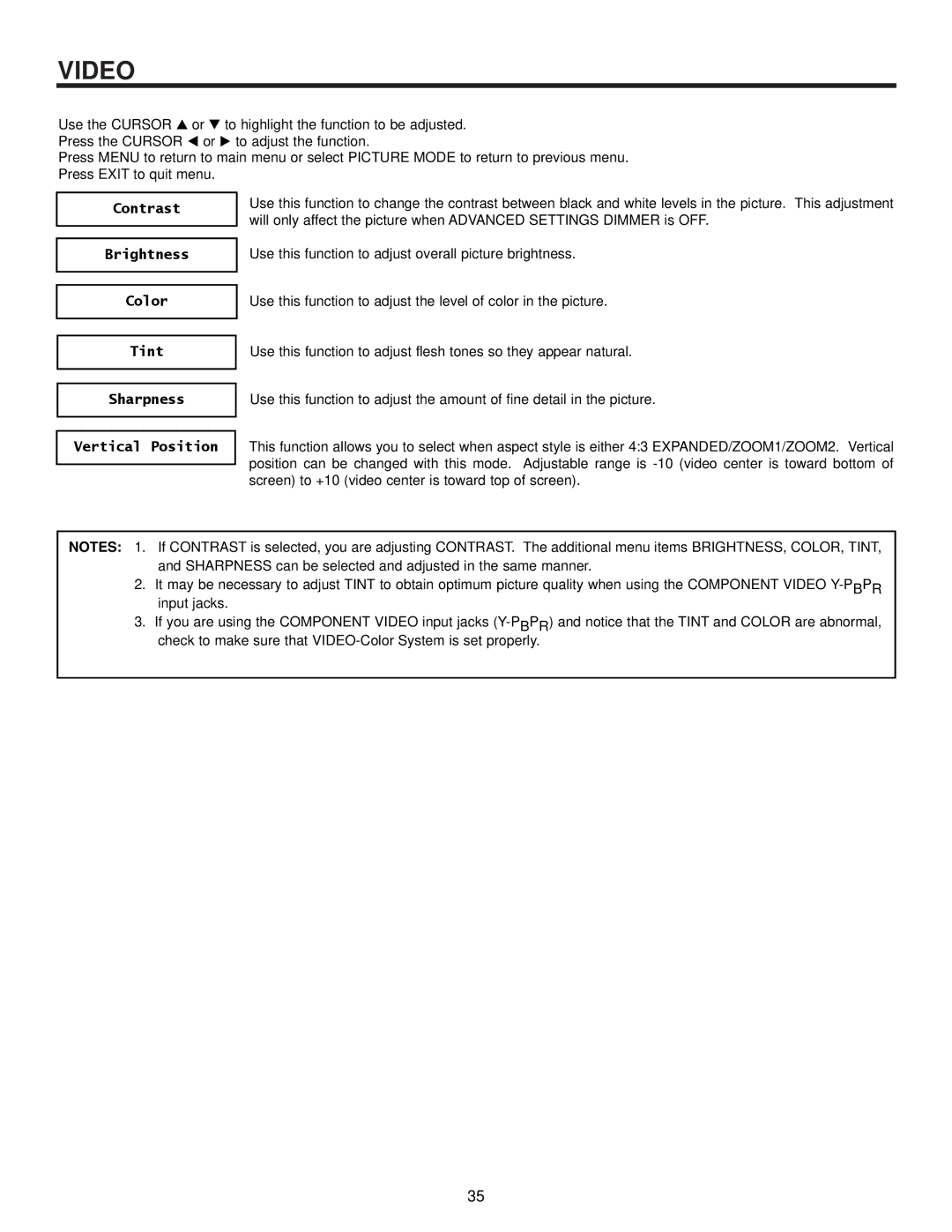 Hitachi 57UWX20B important safety instructions Contrast Brightness Color Tint Sharpness Vertical Position 