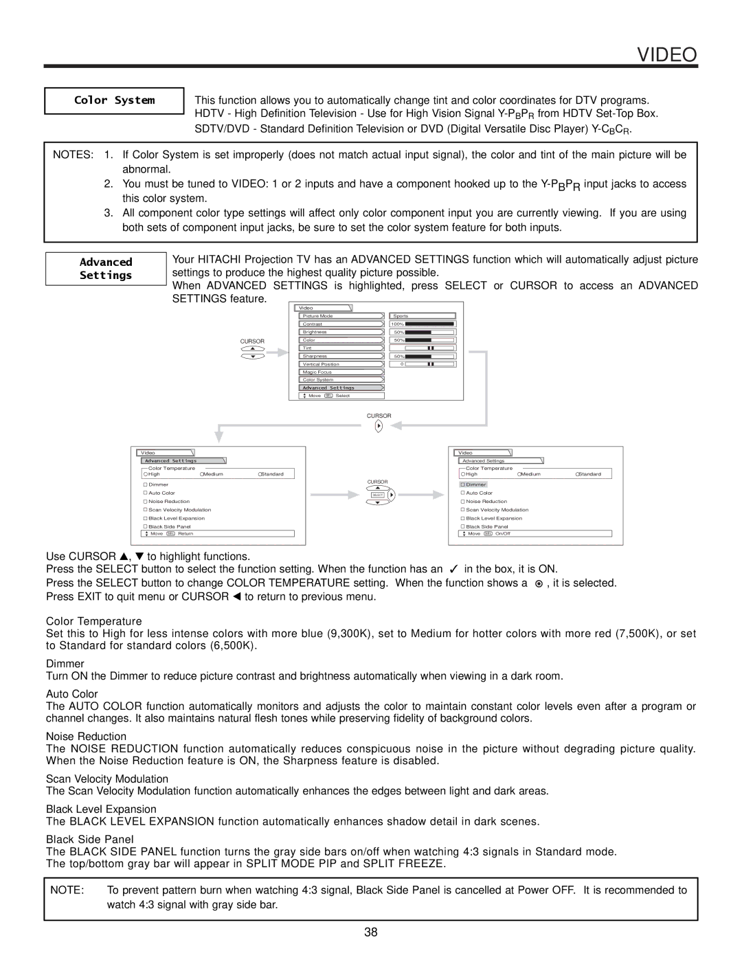 Hitachi 57UWX20B important safety instructions Color System, Advanced Settings 