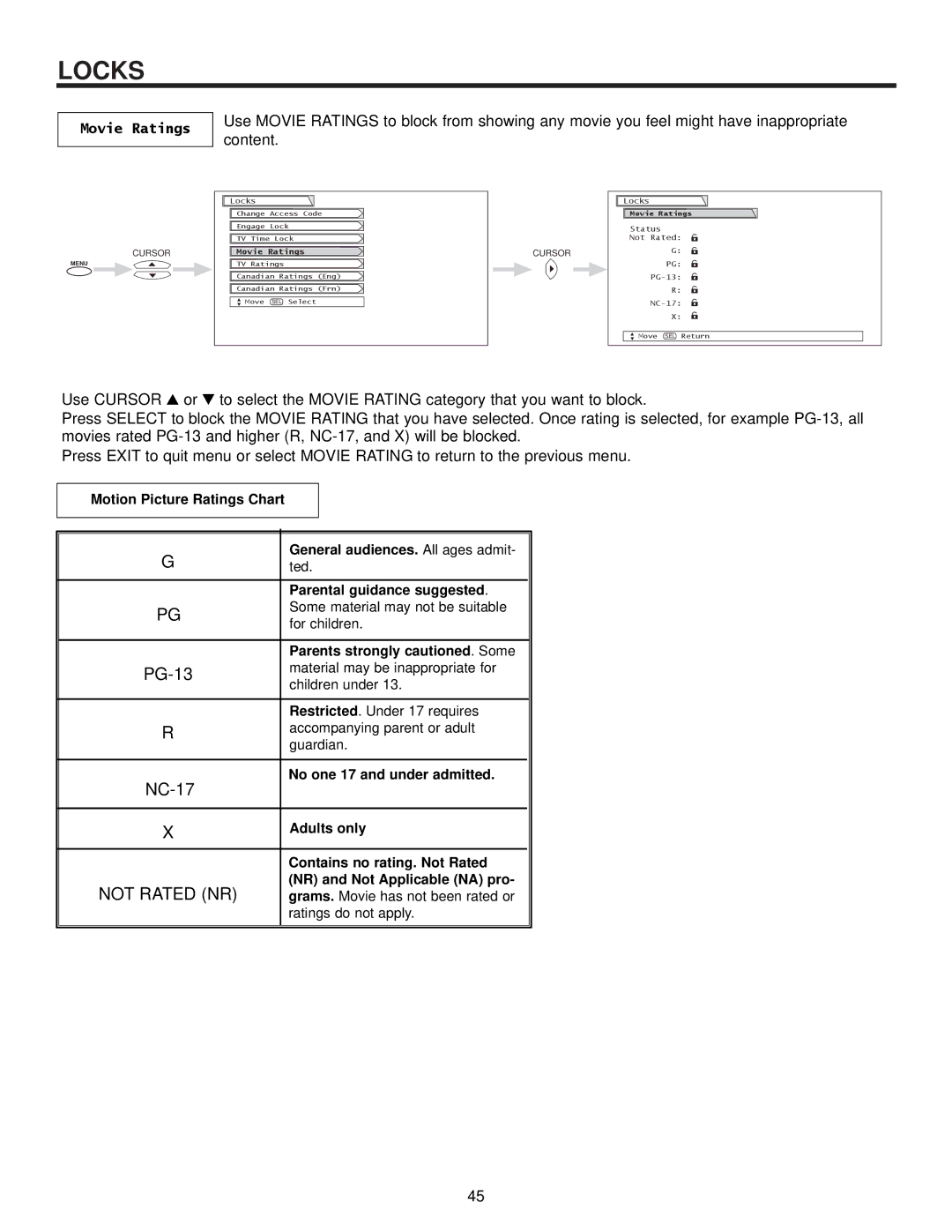 Hitachi 57UWX20B important safety instructions Movie Ratings 