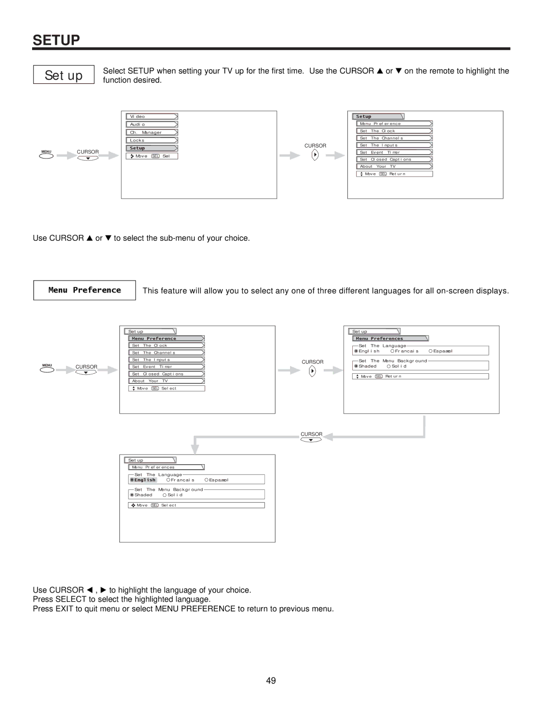 Hitachi 57UWX20B important safety instructions Setup, Menu Preference 