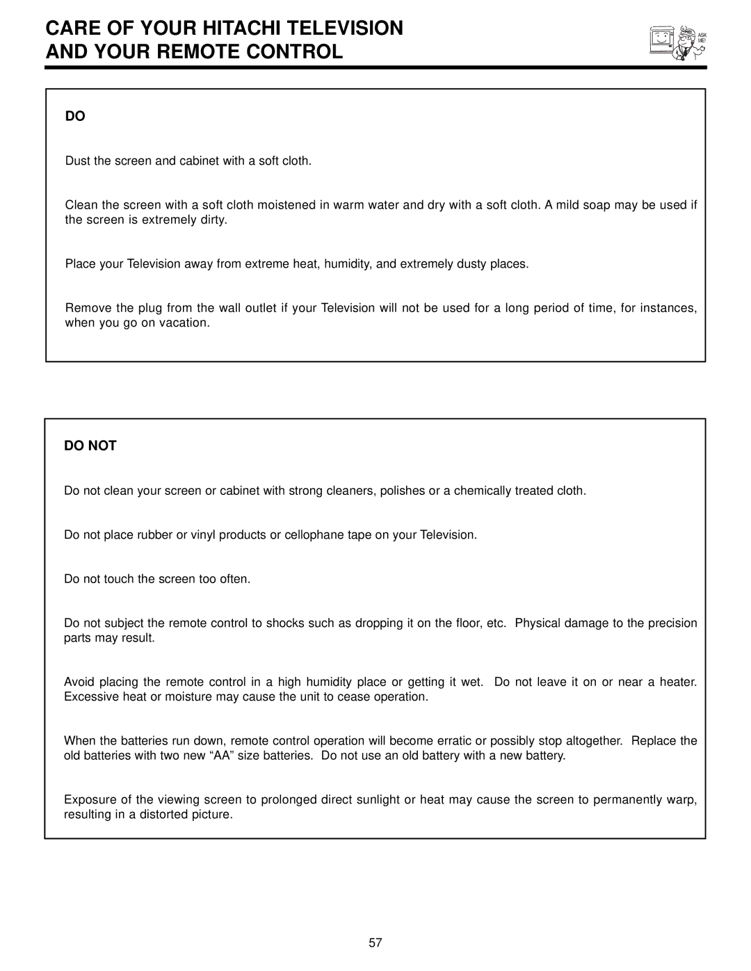 Hitachi 57UWX20B important safety instructions Care of Your Hitachi Television Your Remote Control, Do not 
