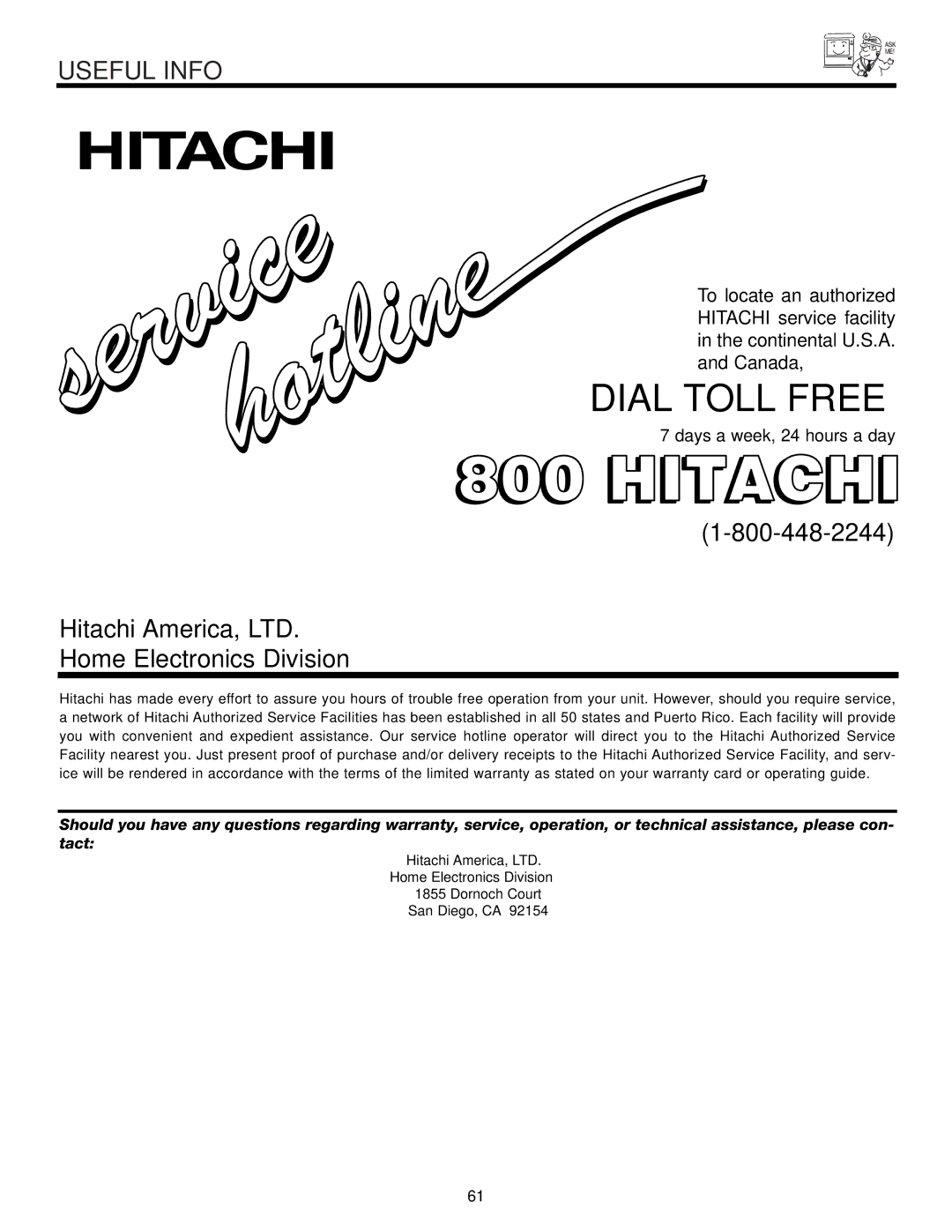 Hitachi 57UWX20B important safety instructions Hitachi, Home Electronics Division 