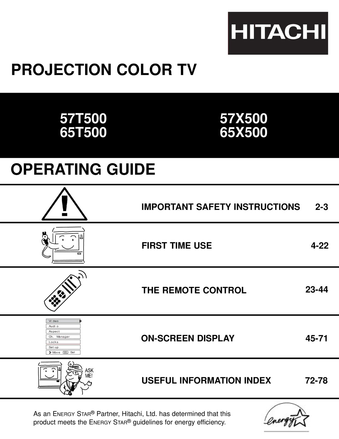 Hitachi 57X500 important safety instructions Important Safety Instructions First Time USE Remote Control 