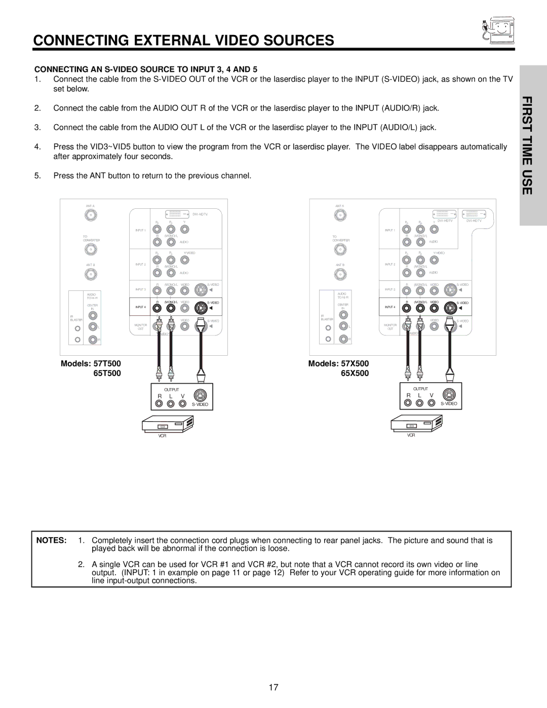 Hitachi 57X500 important safety instructions Connecting AN S-VIDEO Source to Input 3, 4, Models 57T500 65T500 