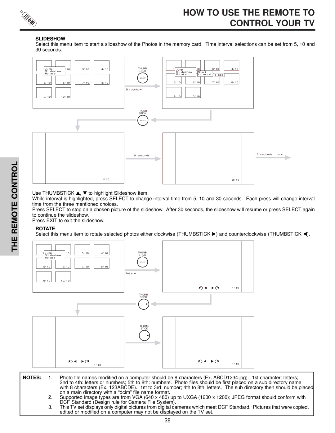 Hitachi 57X500 important safety instructions Remote, Slideshow, Rotate 