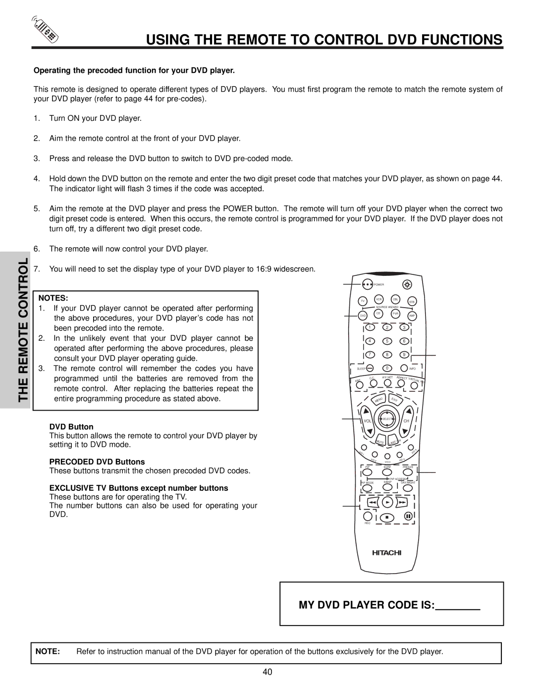 Hitachi 57X500 Using the Remote to Control DVD Functions, Operating the precoded function for your DVD player 