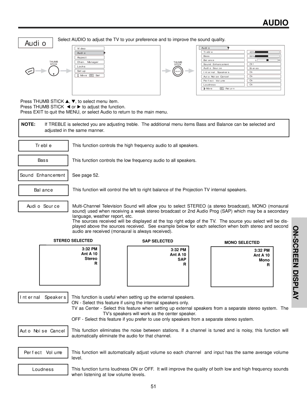 Hitachi 57X500 important safety instructions Treble Bass, Sound Enhancement Balance Audio Source 