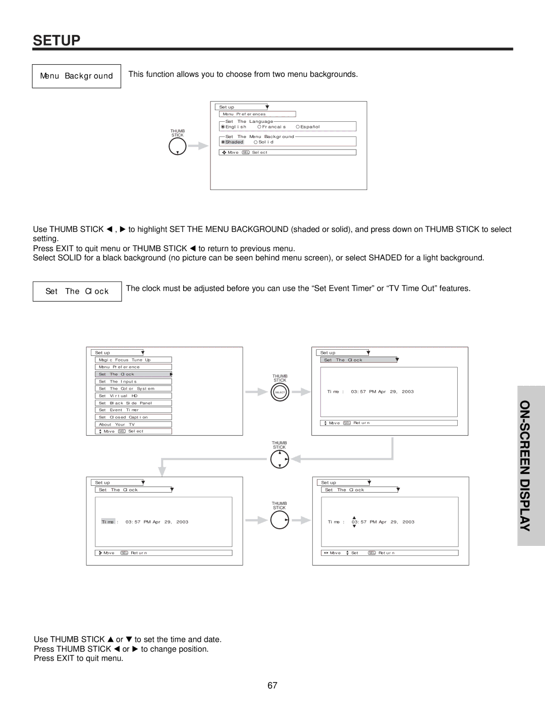 Hitachi 57X500 important safety instructions Menu Background, Set The Clock 