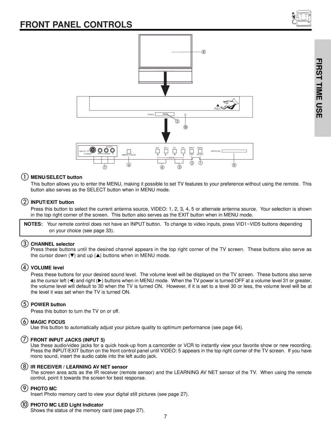 Hitachi 57X500 important safety instructions Front Panel Controls, Magic Focus, Front Input Jacks Input, Photo MC 