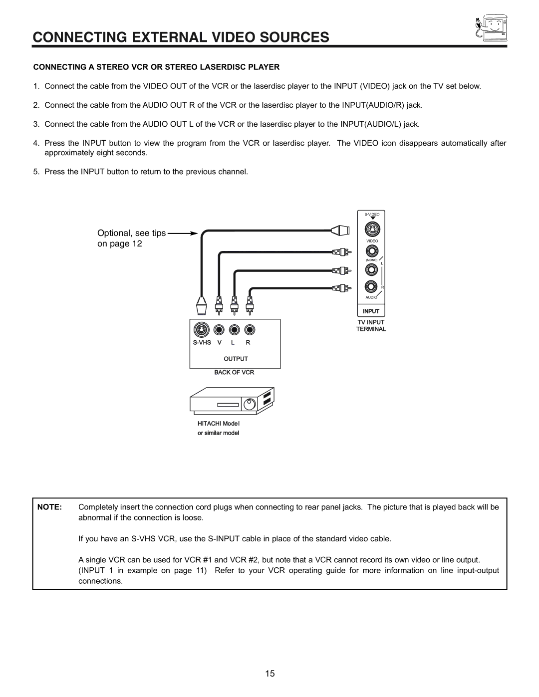 Hitachi 50EX01B manual Connecting a Stereo VCR or Stereo Laserdisc Player, TV Input Terminal VHS V L R Output Back of VCR 