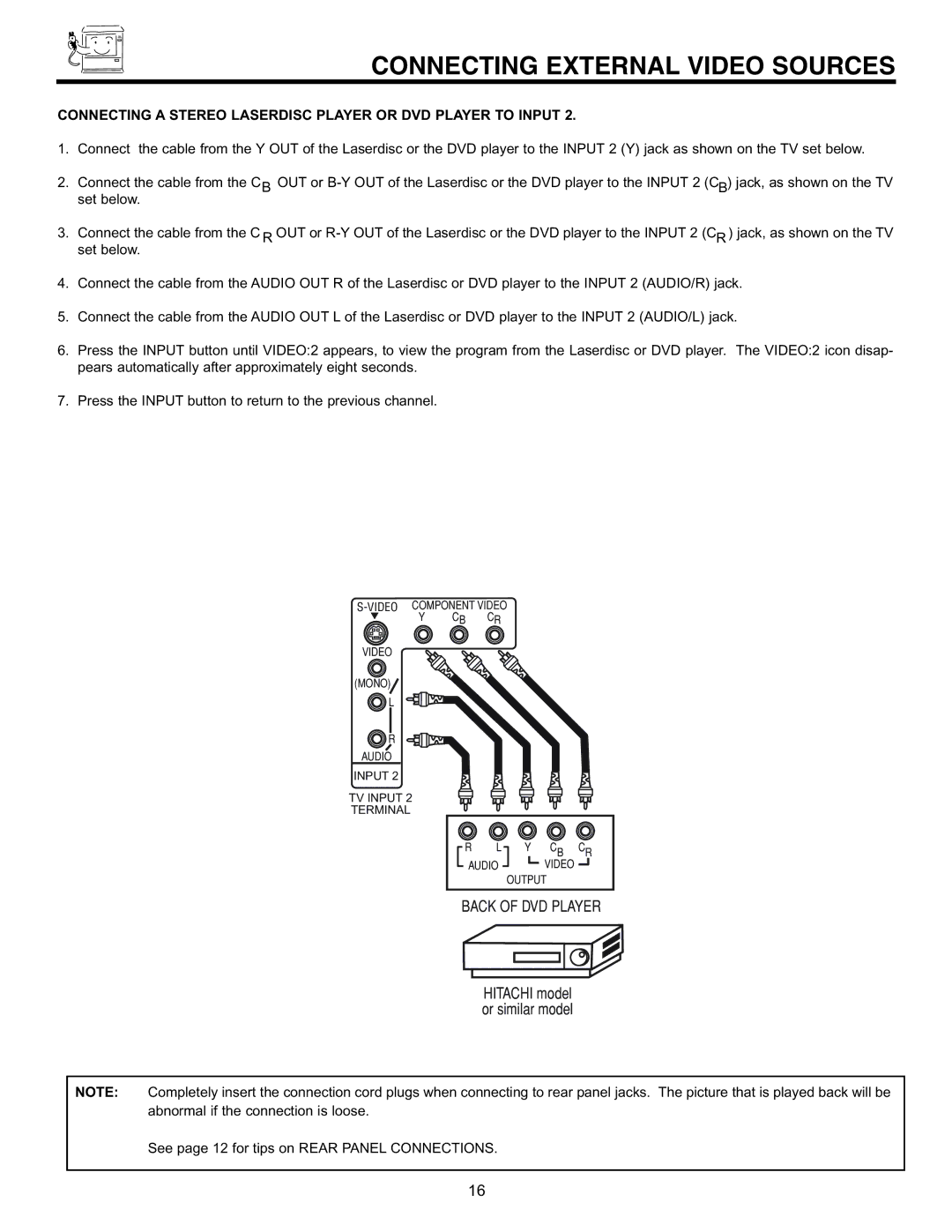 Hitachi 60EX01B, 50EX01B manual Connecting a Stereo Laserdisc Player or DVD Player to Input 