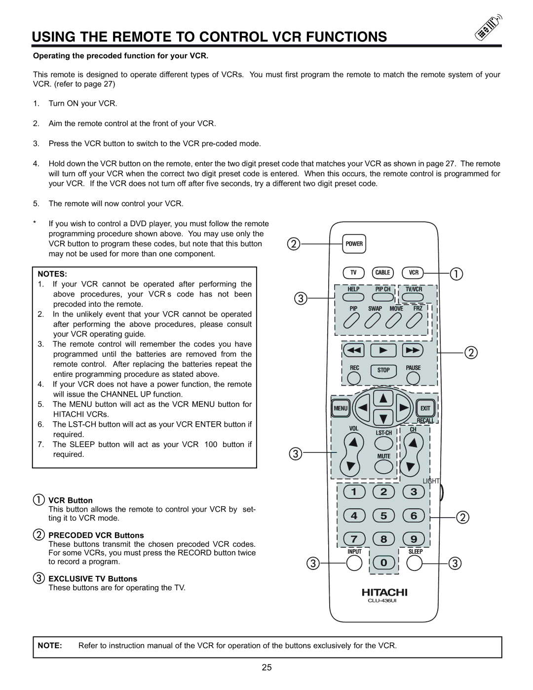 Hitachi 50EX01B manual Using the Remote to Control VCR Functions, Operating the precoded function for your VCR, VCR Button 