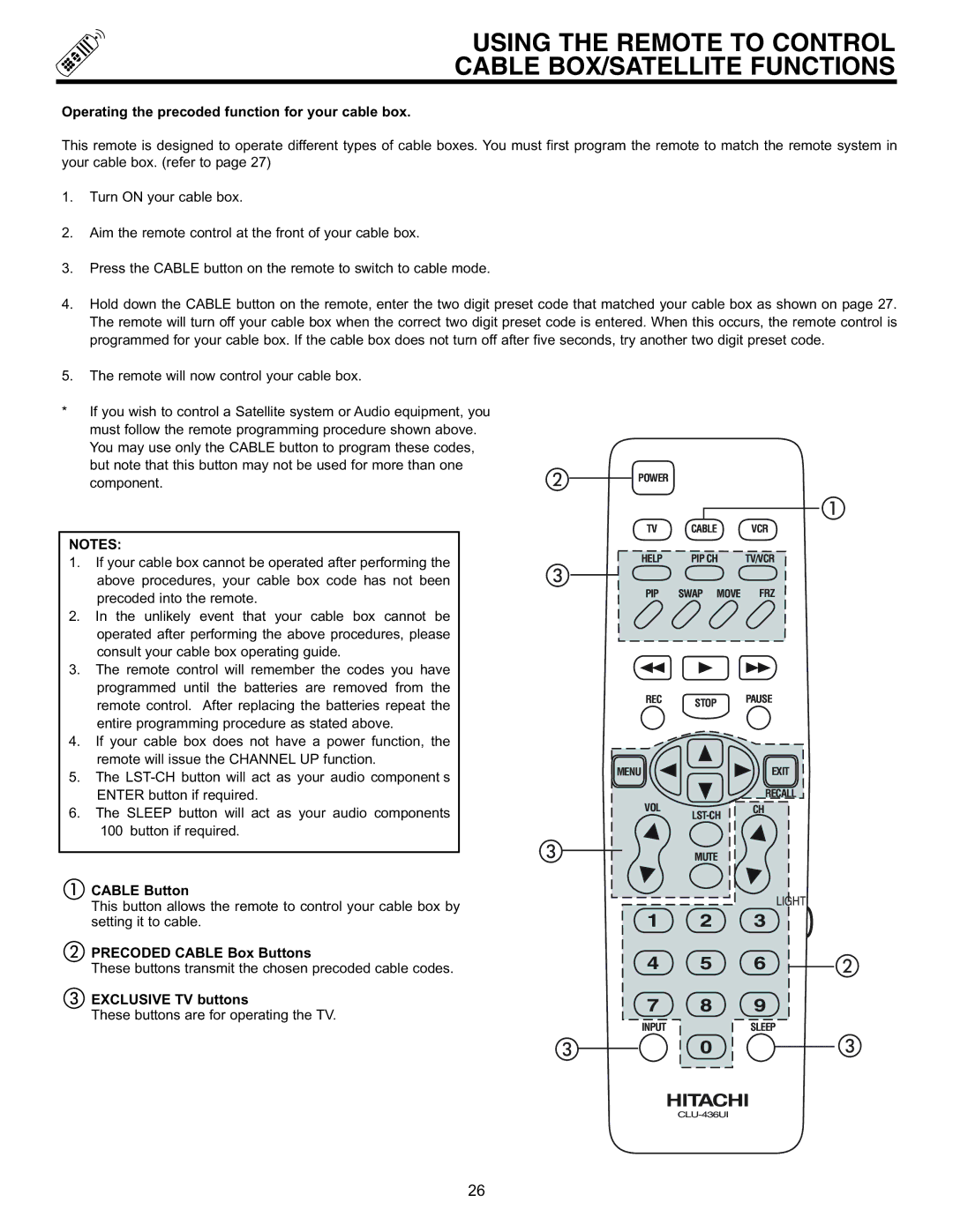 Hitachi 60EX01B manual Using the Remote to Control Cable BOX/SATELLITE Functions, Cable Button, Precoded Cable Box Buttons 