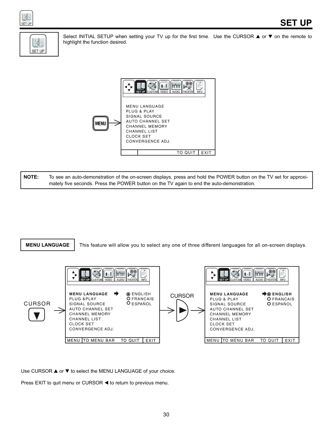 Hitachi 60EX01B, 50EX01B manual Set Up, Menu Language English 