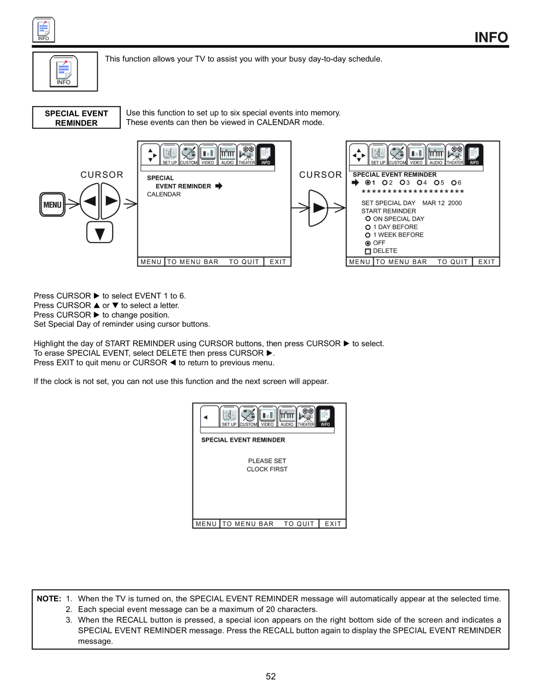 Hitachi 60EX01B, 50EX01B manual Info, Special R S O R Special Event Reminder 