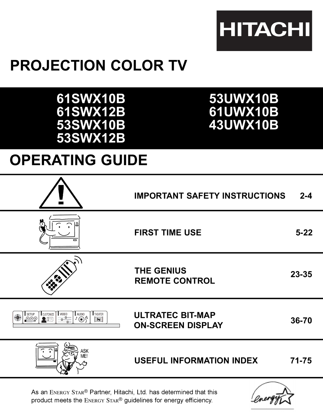 Hitachi 53SWX12B, 61UWX10B, 53SWX10B, 61SWX12B, 43UWX10B important safety instructions Projection Color TV 