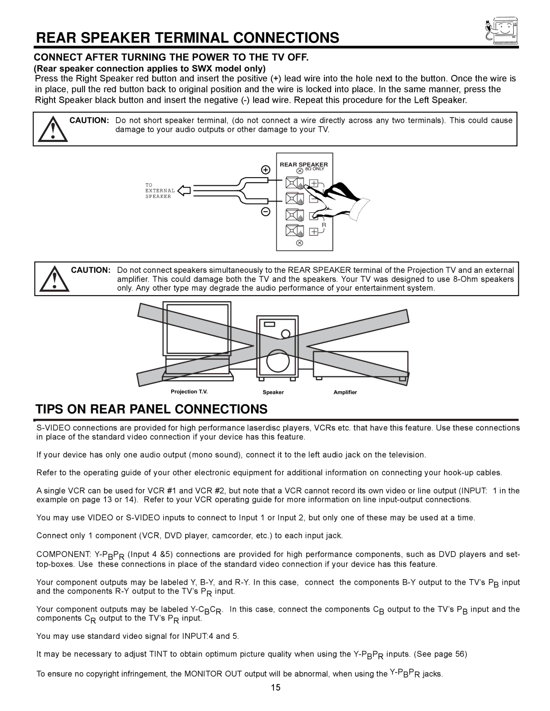 Hitachi 61UWX10B, 53SWX12B, 53SWX10B Rear Speaker Terminal Connections, Connect After Turning the Power to the TV OFF 