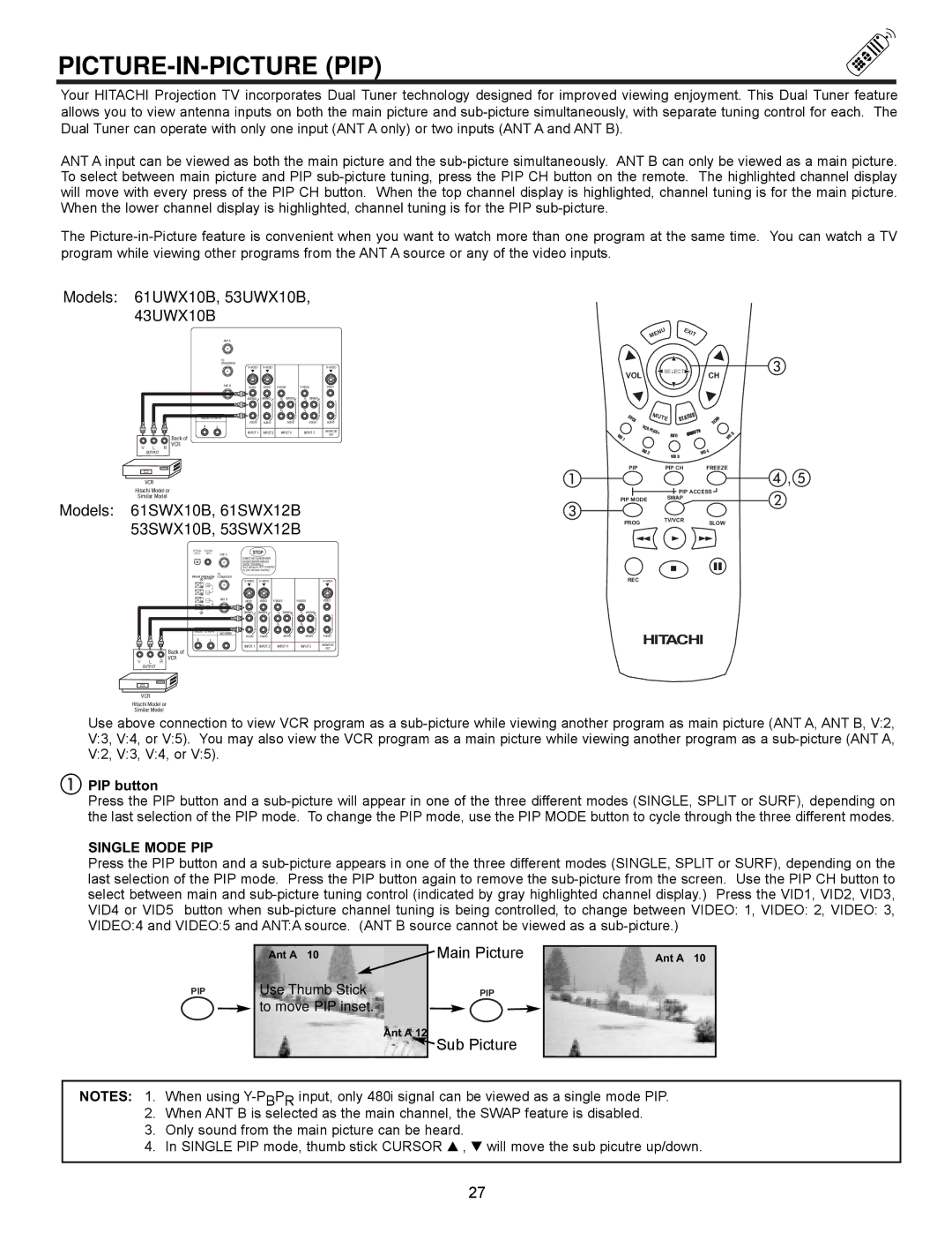 Hitachi 53SWX10B, 61UWX10B, 53SWX12B, 61SWX12B, 43UWX10B Picture-In-Picture Pip, PIP button, Single Mode PIP 